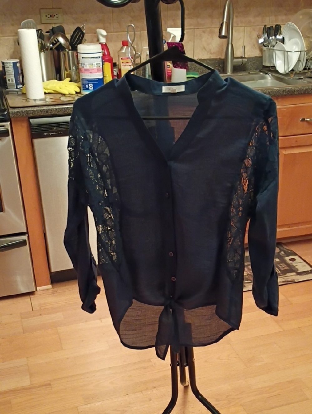 mine Navy Lace-Trim Tie-Front Blouse